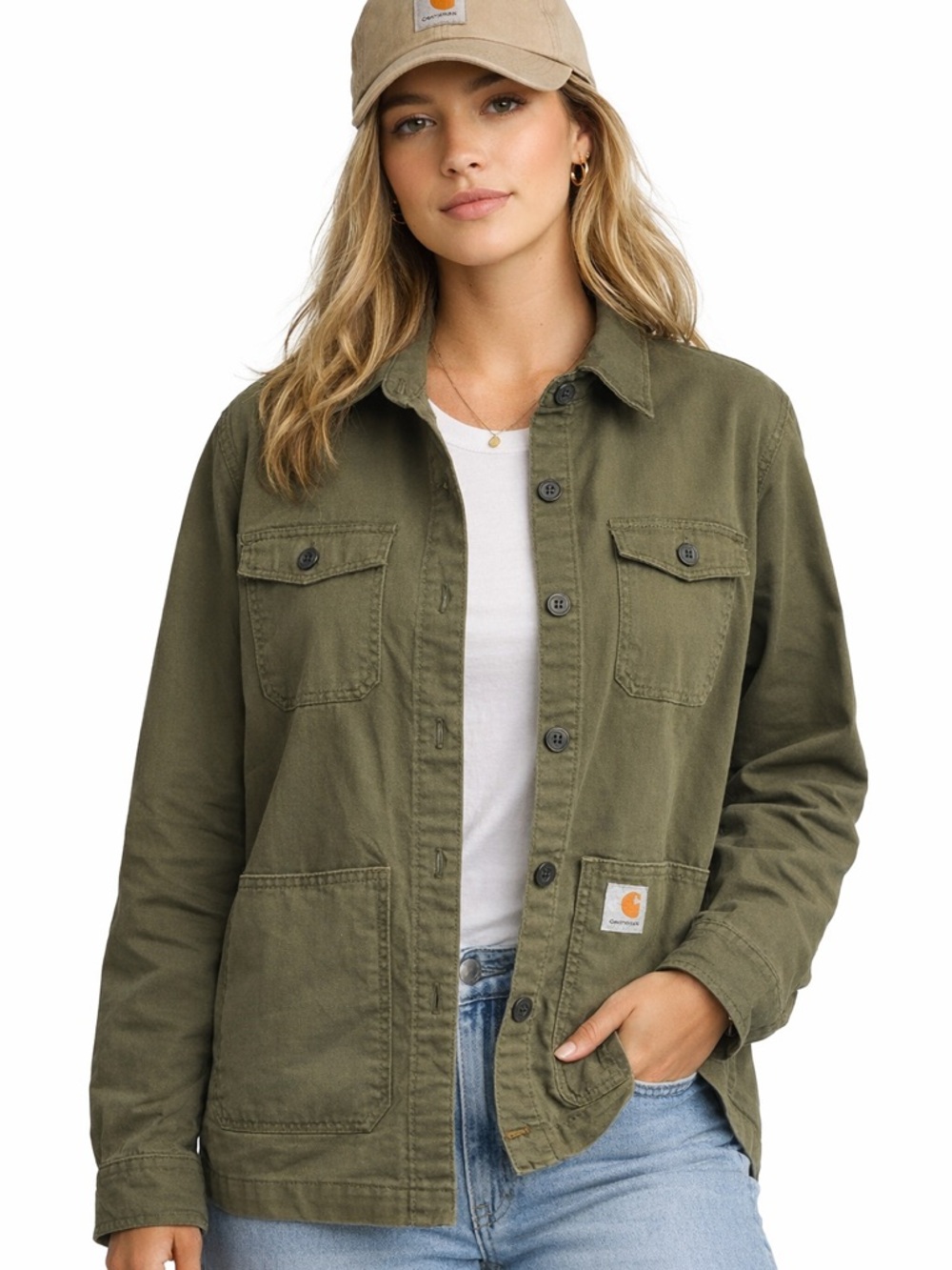 Carhartt Rugged Flex Olive Utility Jacket Shirt Loose Fit Small Workwear